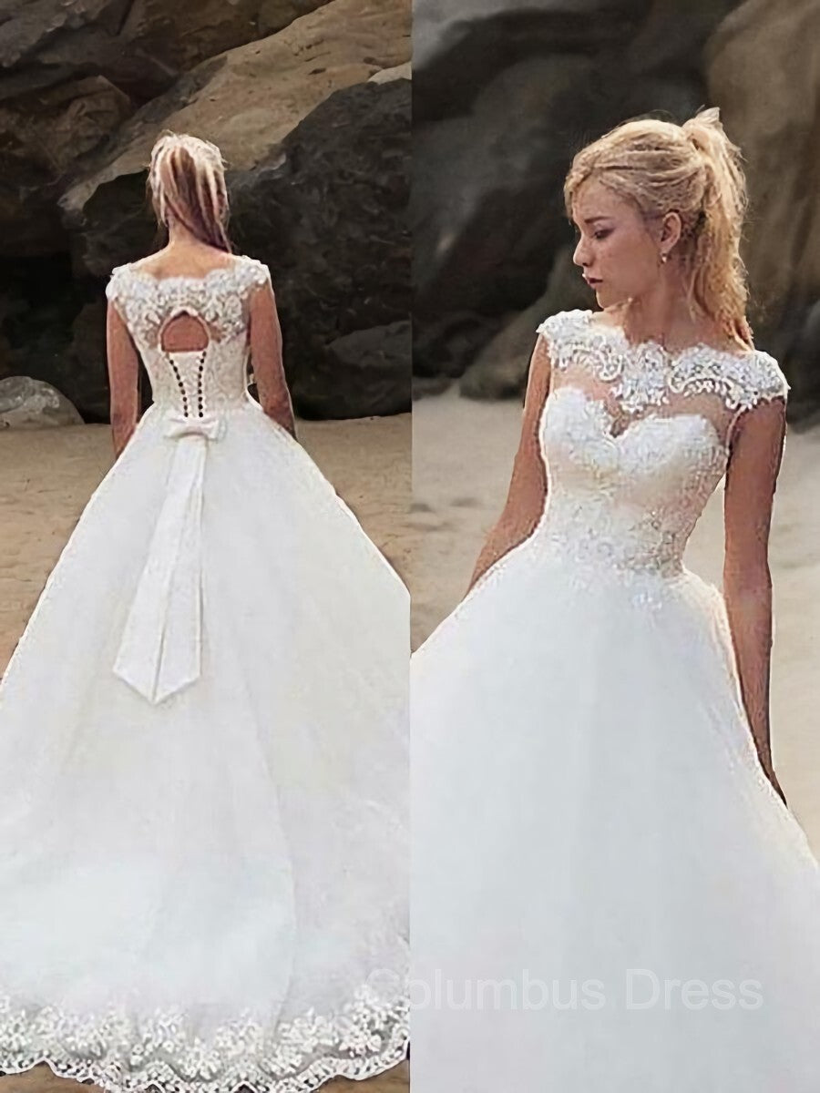 Wedding Dresses Fitted, Ball Gown Bateau Court Train Tulle Wedding Dresses With Belt/Sash