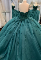 Party Dresses Idea, Ball Gown Beaded Quinceanera Dress Spaghetti Straps Emerald Green Quince Dress