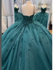 Party Dresses Ideas, Ball Gown Beaded Quinceanera Dress Spaghetti Straps Emerald Green Quince Dress