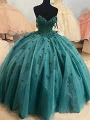 Party Dresses Prom, Ball Gown Beaded Quinceanera Dress Spaghetti Straps Emerald Green Quince Dress