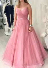 Prom Dress Simple, Ball Gown Long/Floor-Length Sparkling Tulle Prom Dress With Pleated