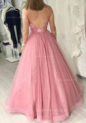 Prom Dress With Slits, Ball Gown Long/Floor-Length Sparkling Tulle Prom Dress With Pleated