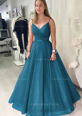 Prom Dresses With Slit, Ball Gown Long/Floor-Length Sparkling Tulle Prom Dress With Pleated