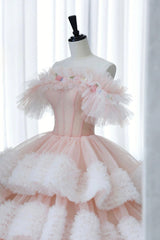 Elegant Dress For Women, Ball Gown Off Shoulder Pink Tulle Long Prom Dress, Sweet 16 Dress