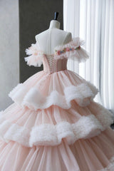 Long Formal Dress, Ball Gown Off Shoulder Pink Tulle Long Prom Dress, Sweet 16 Dress