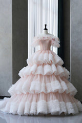 Dream Dress, Ball Gown Off Shoulder Pink Tulle Long Prom Dress, Sweet 16 Dress