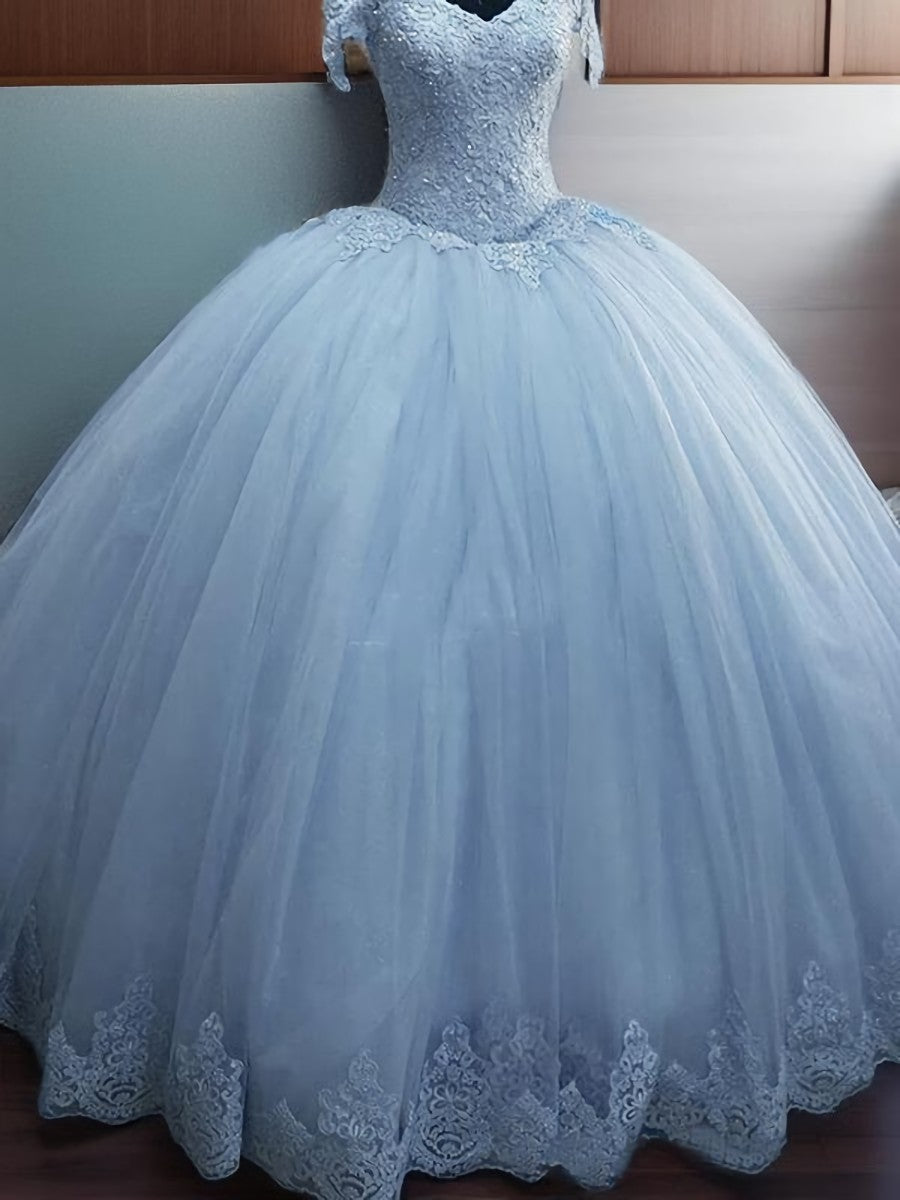 Bridesmaid Dresses Blue, Ball-Gown Off-the-Shoulder Appliques Lace Floor-Length Tulle Dress