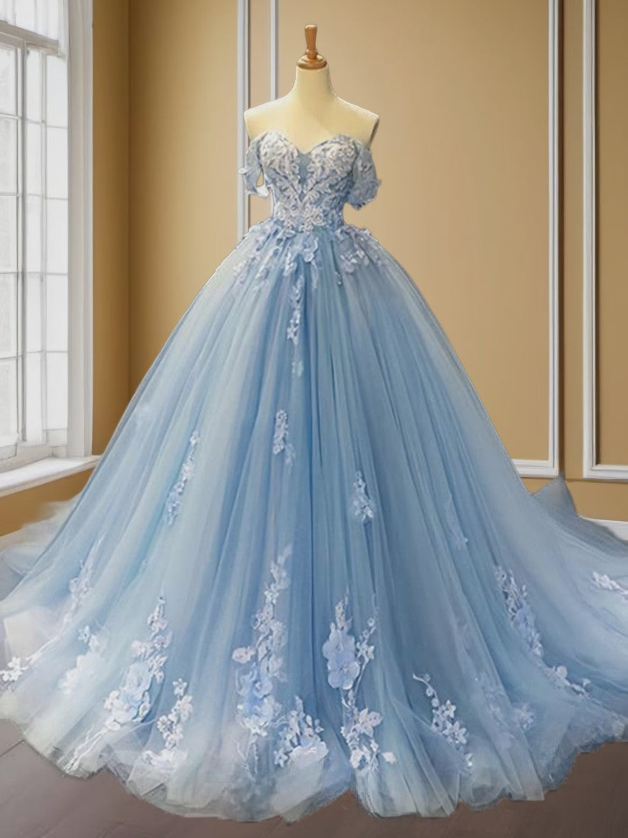 Bridesmaid Dresses With Sleeves, Ball-Gown Off-the-Shoulder Appliques Lace Sweep Train Tulle Dress