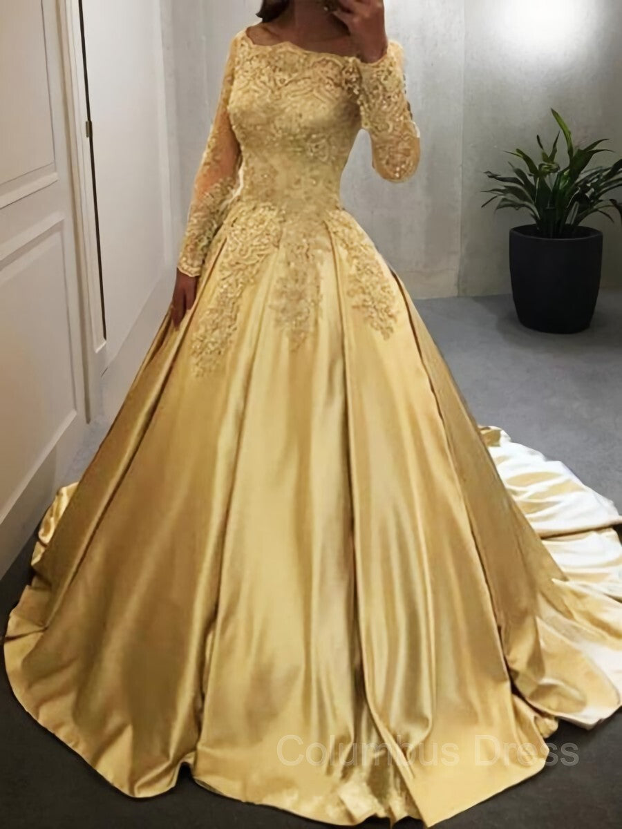 Bridesmaid Dress Different Styles, Ball Gown Off-the-Shoulder Floor-Length Satin Prom Dresses With Appliques Lace