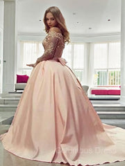 Bridesmaids Dresses On Sale, Ball Gown Off-the-Shoulder Court Train Satin Prom Dresses With Bow