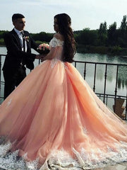 Party Dresses Online Shopping, Ball Gown Off-the-Shoulder Court Train Tulle Prom Dresses With Appliques Lace