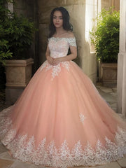 Party Dresses Online Shop, Ball Gown Off-the-Shoulder Court Train Tulle Prom Dresses With Appliques Lace