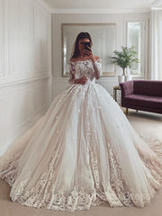Wedding Dress Backs, Ball Gown Off-the-Shoulder Chapel Train Tulle Wedding Dresses With Appliques Lace