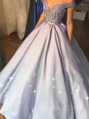 Party Dresses For Teen, Ball Gown Off-the-Shoulder Floor-Length Satin Prom Dresses With Beading