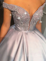 Party Dress Website, Ball Gown Off-the-Shoulder Floor-Length Satin Prom Dresses With Beading