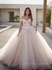Wedding Dresse Boho, Ball Gown Off-the-Shoulder Floor-Length Tulle Wedding Dresses With Appliques Lace