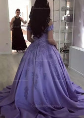 Prom Dresses Sale, Ball Gown Off-the-Shoulder Sleeveless Sweep Train Satin Prom Dress With Appliqued Beading