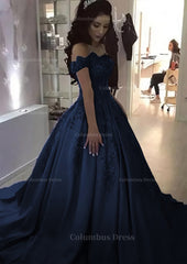 Prom Dress Sales, Ball Gown Off-the-Shoulder Sleeveless Sweep Train Satin Prom Dress With Appliqued Beading