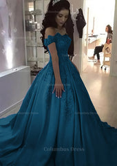 Prom Dress Red, Ball Gown Off-the-Shoulder Sleeveless Sweep Train Satin Prom Dress With Appliqued Beading