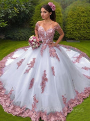 Wedding Dresses Train, Ball Gown Off-the-Shoulder Sweep Train Lace Wedding Dresses With Appliques Lace