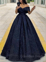 Evening Dress V Neck, Ball Gown Off-the-Shoulder Sweep Train Prom Dresses With Ruffles
