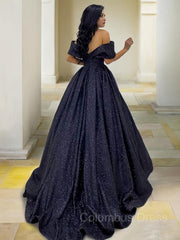 Evening Dresses V Neck, Ball Gown Off-the-Shoulder Sweep Train Prom Dresses With Ruffles