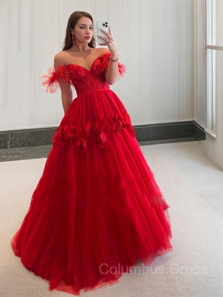 Homecoming Dresses Business Casual Outfits, Ball Gown Off-the-Shoulder Sweep Train Tulle Prom Dresses With Flower