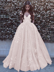 Prom Dress Boutique, Ball Gown Off-the-Shoulder Sweep Train Tulle Prom Dresses With Pockets