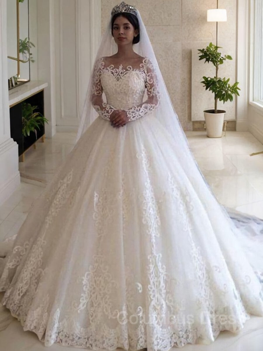 Wedding Dresses Lace Simple, Ball Gown Off-the-Shoulder Sweep Train Tulle Wedding Dresses