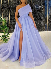 Homecoming Dress Tight, Ball Gown One-Shoulder Sweep Train Organza Prom Dresses With Leg Slit