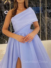 Homecoming Dress Pockets, Ball Gown One-Shoulder Sweep Train Organza Prom Dresses With Leg Slit