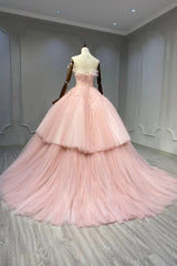 Stunning Dress, Ball Gown Pink Tulle Strapless Long Prom Evening Dress, Pink Sweet 16 Dress