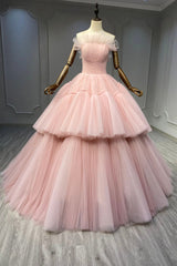 Prom Dress Sleeve, Ball Gown Pink Tulle Strapless Long Prom Evening Dress, Pink Sweet 16 Dress