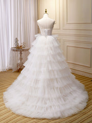 Bridesmaid Dress Idea, Ball-Gown/Princess Tulle White Long Prom Dresses With Beading Flower Cascading Ruffles
