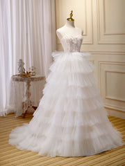 Bridesmaids Dresses Ideas, Ball-Gown/Princess Tulle White Long Prom Dresses With Beading Flower Cascading Ruffles