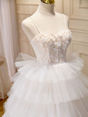 Bridesmaids Dresses Idea, Ball-Gown/Princess Tulle White Long Prom Dresses With Beading Flower Cascading Ruffles
