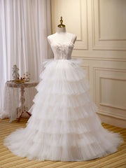 Bridesmaid Dress Inspiration, Ball-Gown/Princess Tulle White Long Prom Dresses With Beading Flower Cascading Ruffles