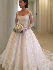 Wedding Dress Diet, Ball Gown Scoop Cathedral Train Lace Wedding Dresses With Ruffles