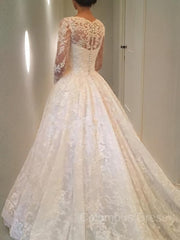 Wedding Dresses Girls, Ball Gown Scoop Cathedral Train Lace Wedding Dresses With Ruffles