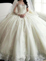 Weddings Dresses Style, Ball Gown Scoop Cathedral Train Tulle Wedding Dresses With Appliques Lace