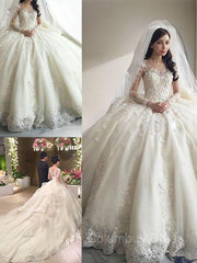 Weddings Dresses Styles, Ball Gown Scoop Cathedral Train Tulle Wedding Dresses With Appliques Lace