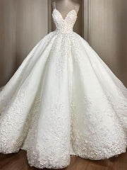 Wedding Dresses Elegant Simple, Ball Gown Spaghetti Straps Floor-Length Satin Wedding Dresses