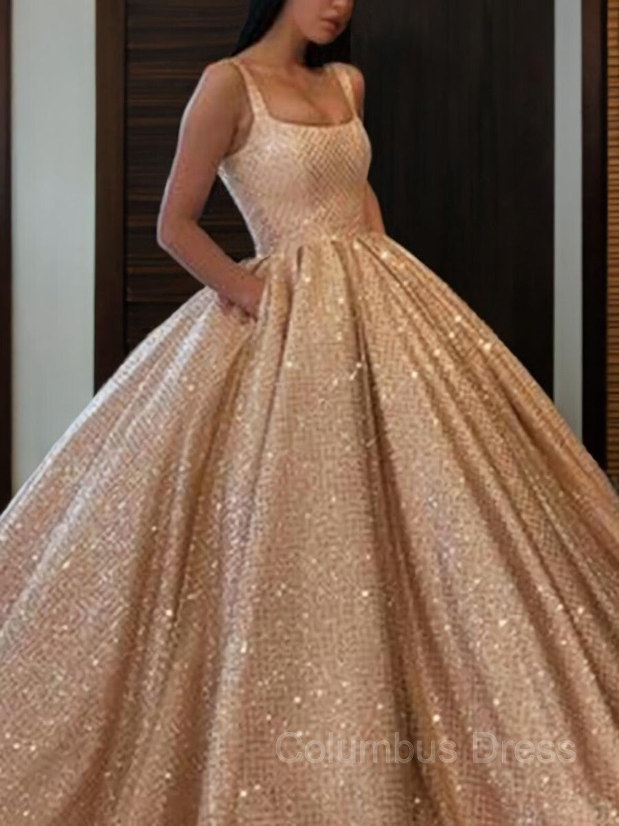 Prom Theme, Ball Gown Square Floor-Length Prom Dresses With Pockets