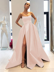 Evening Dresses Online Shop, Ball Gown Strapless Sweep Train Satin Prom Dresses With Leg Slit