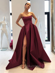 Evening Dresses With Sleeves, Ball Gown Strapless Sweep Train Satin Prom Dresses With Leg Slit