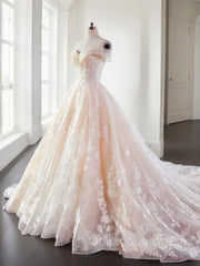 Wedding Dresses Lace Tulle, Ball Gown Sweetheart Court Train Lace Wedding Dresses With Appliques Lace