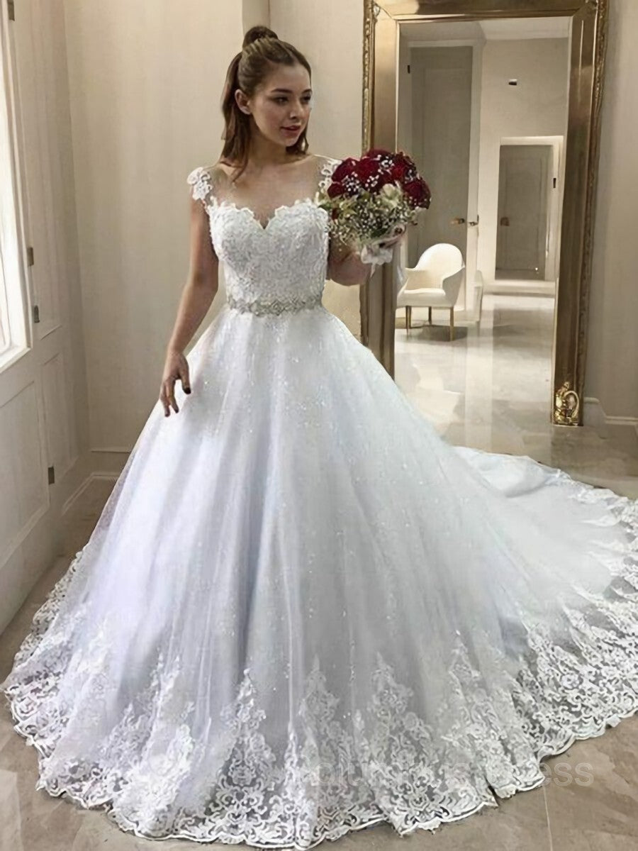 Wedding Dress Fits, Ball Gown Sweetheart Court Train Tulle Wedding Dresses With Belt/Sash