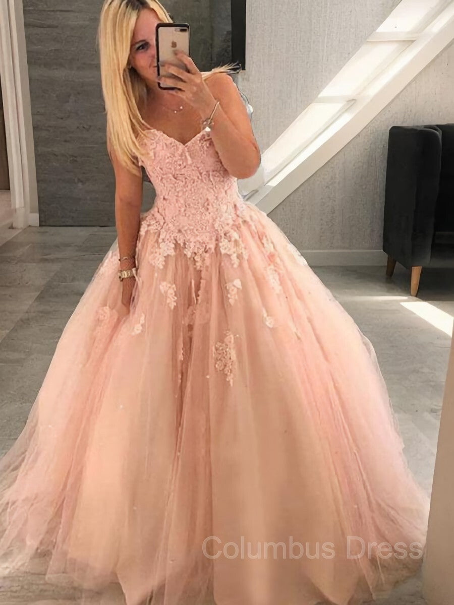 Prom Dresses Curvy, Ball Gown Sweetheart Floor-Length Tulle Evening Dresses With Appliques Lace