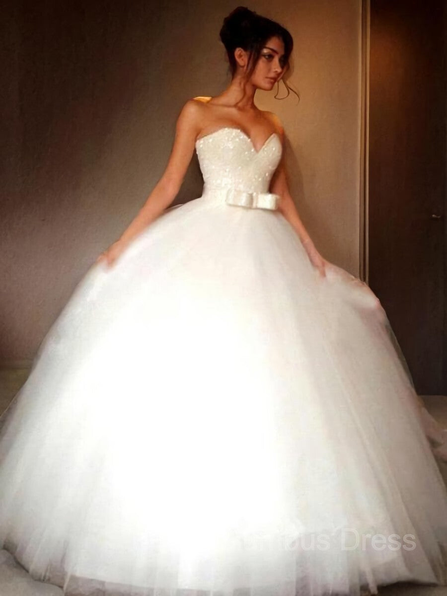 Wedding Dress Tulle Lace, Ball Gown Sweetheart Floor-Length Tulle Wedding Dresses With Bow