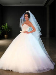 Wedding Dresses Tulle Lace, Ball Gown Sweetheart Floor-Length Tulle Wedding Dresses With Bow